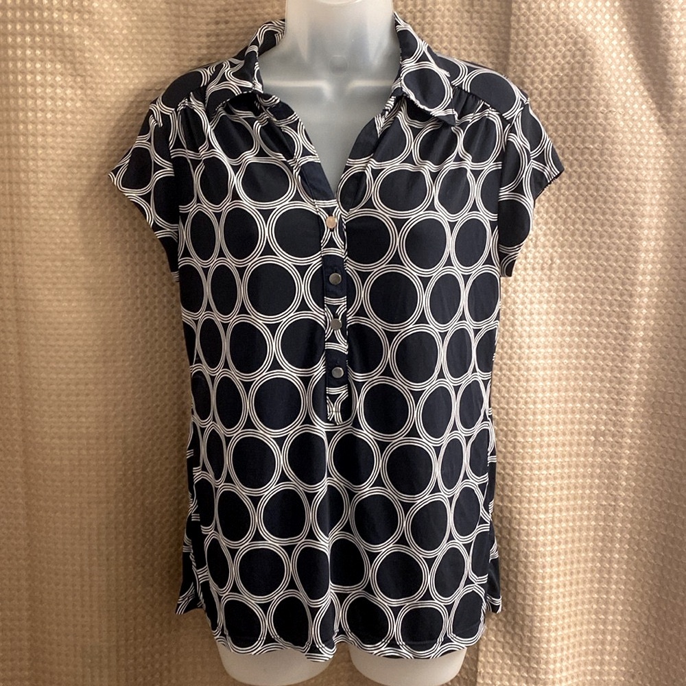 Alfani Women’s Blue and White Top with Geometric Design, Decorative Buttons
